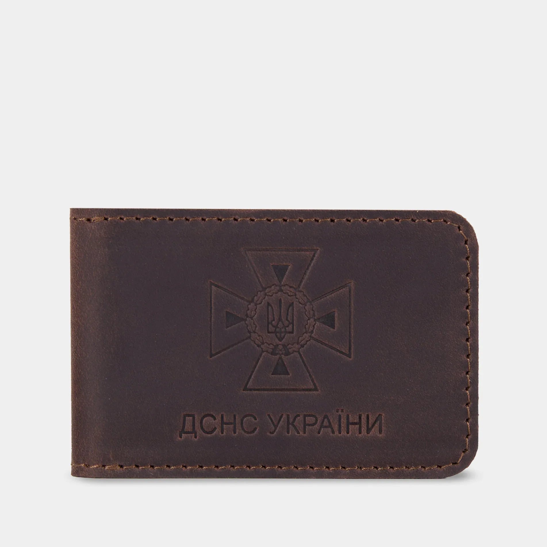 Коричнева шкіряна обкладинка для посвідчення ДСНС України з тисненням емблеми, формат книжки, бренд INCARNE