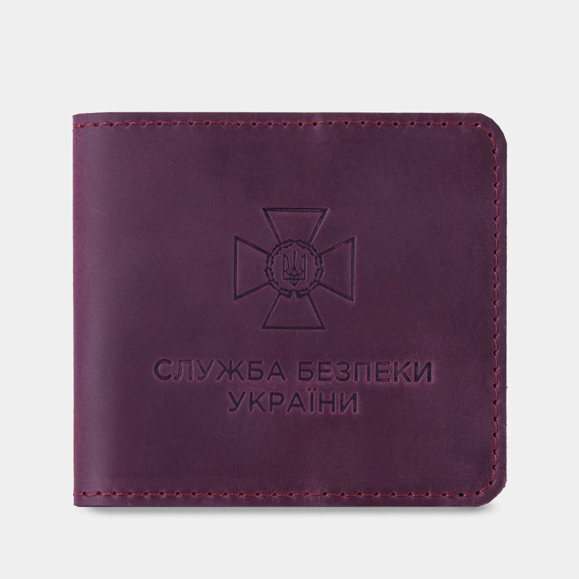 Шкіряна обкладинка для посвідчення СБУ бордового кольору з тисненням герба, вінтажний мінімалістичний дизайн від INCARNE