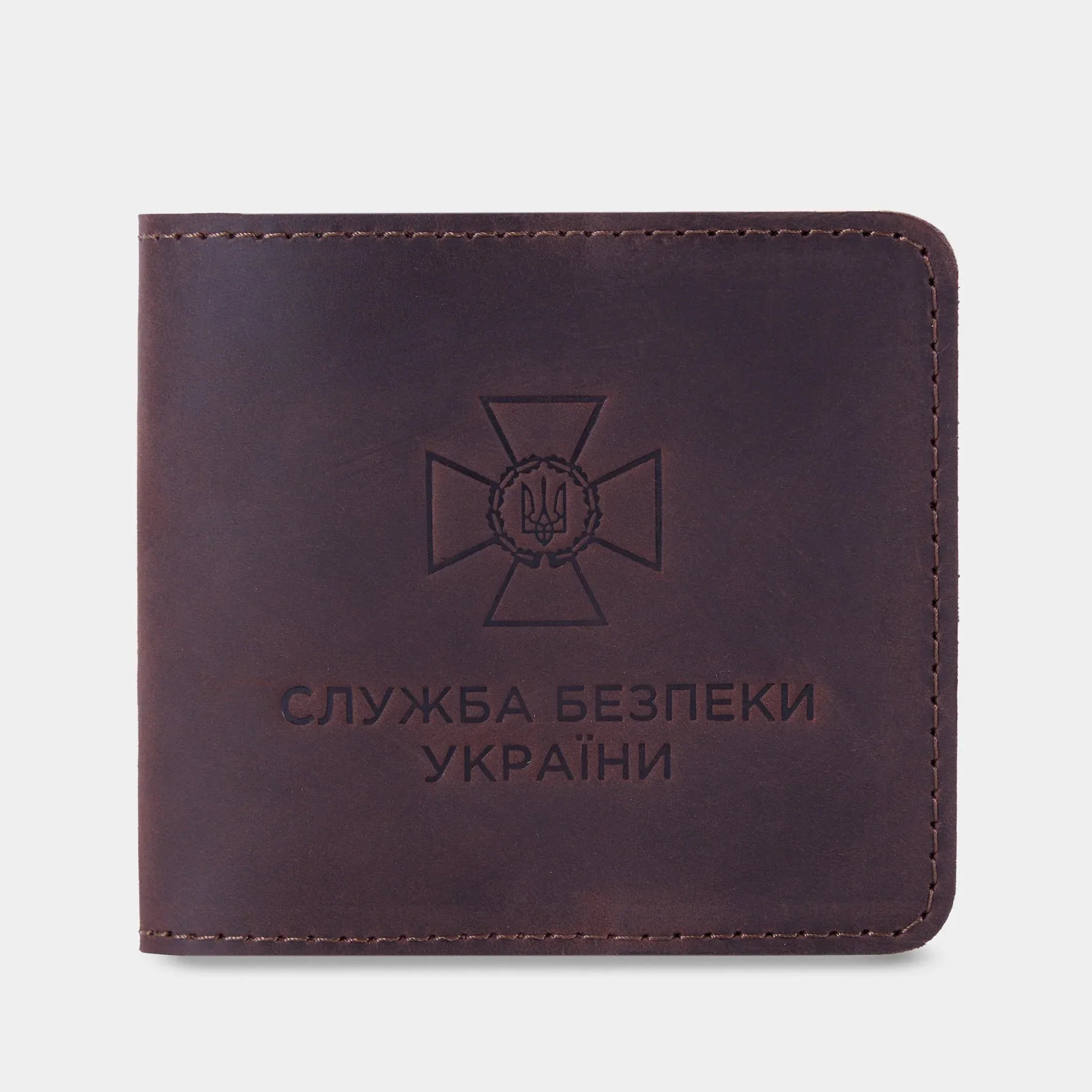 Коричнева вінтажна обкладинка для посвідчення СБУ з тисненням герба, натуральна шкіра від бренду INCARNE