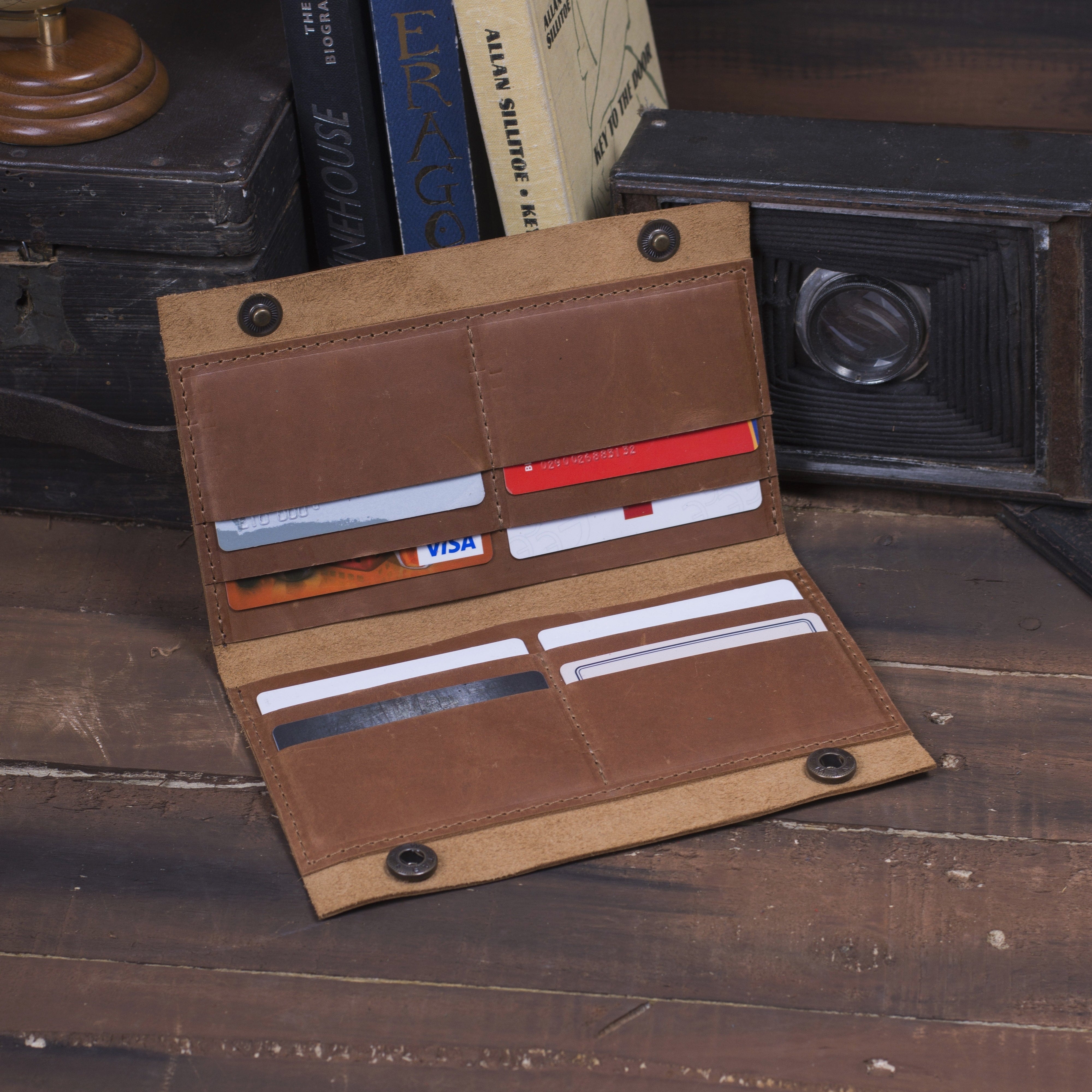 Шкіряний гаманець для готівки та документів, коньяк (вінтажний)