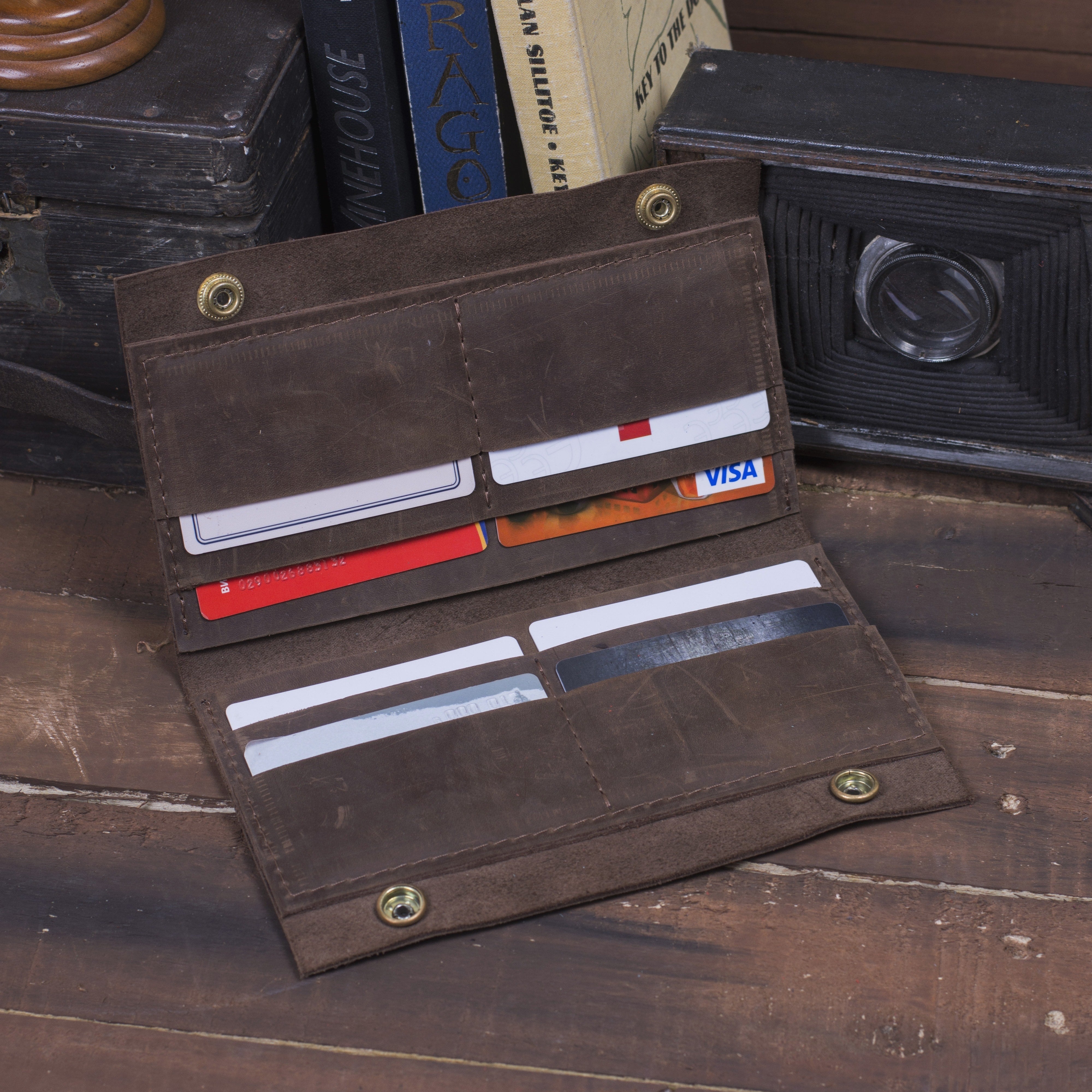 Кожаный кошелек для наличных и документов, коричневый (винтажный)