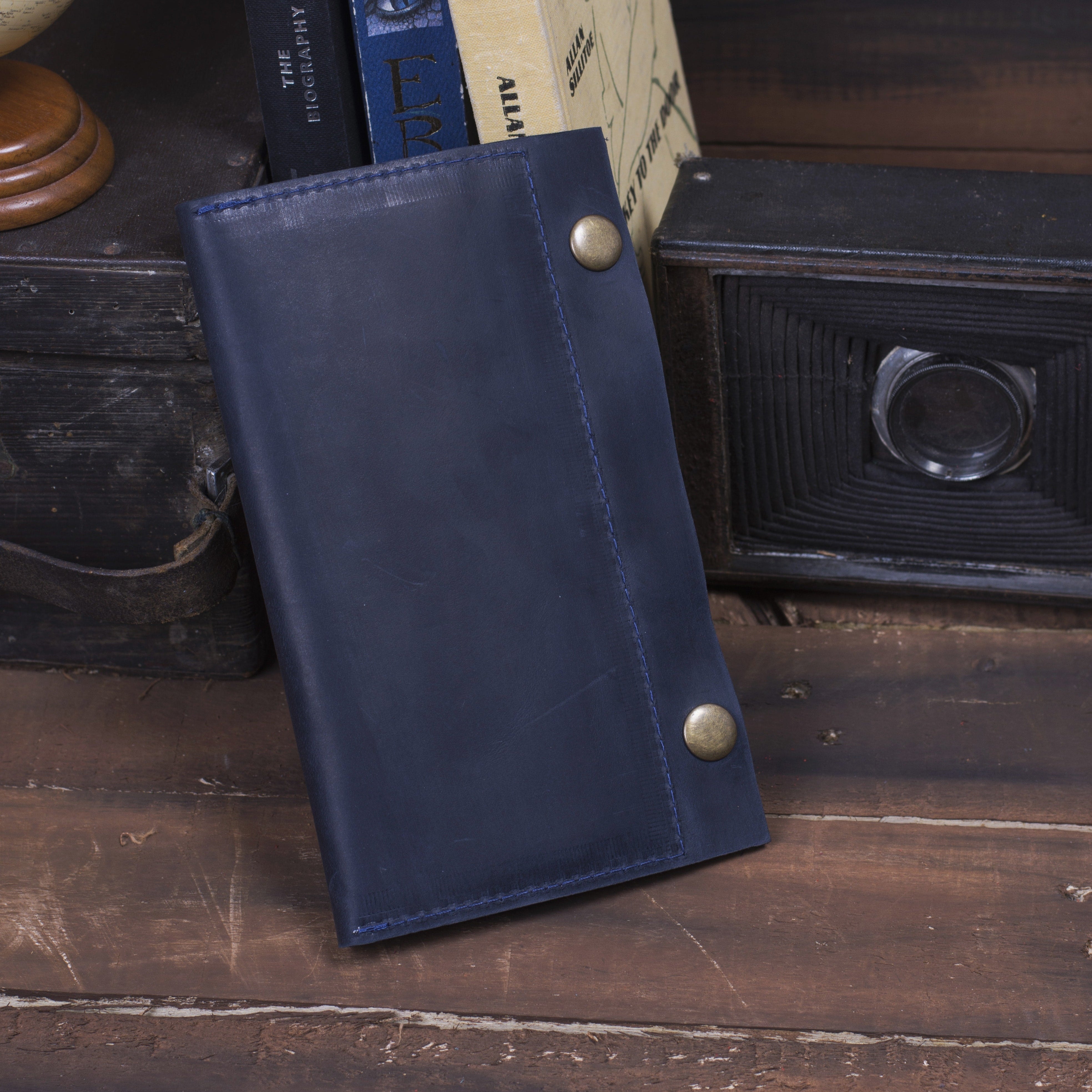 Шкіряний гаманець для готівки та документів, синій (вінтажний)