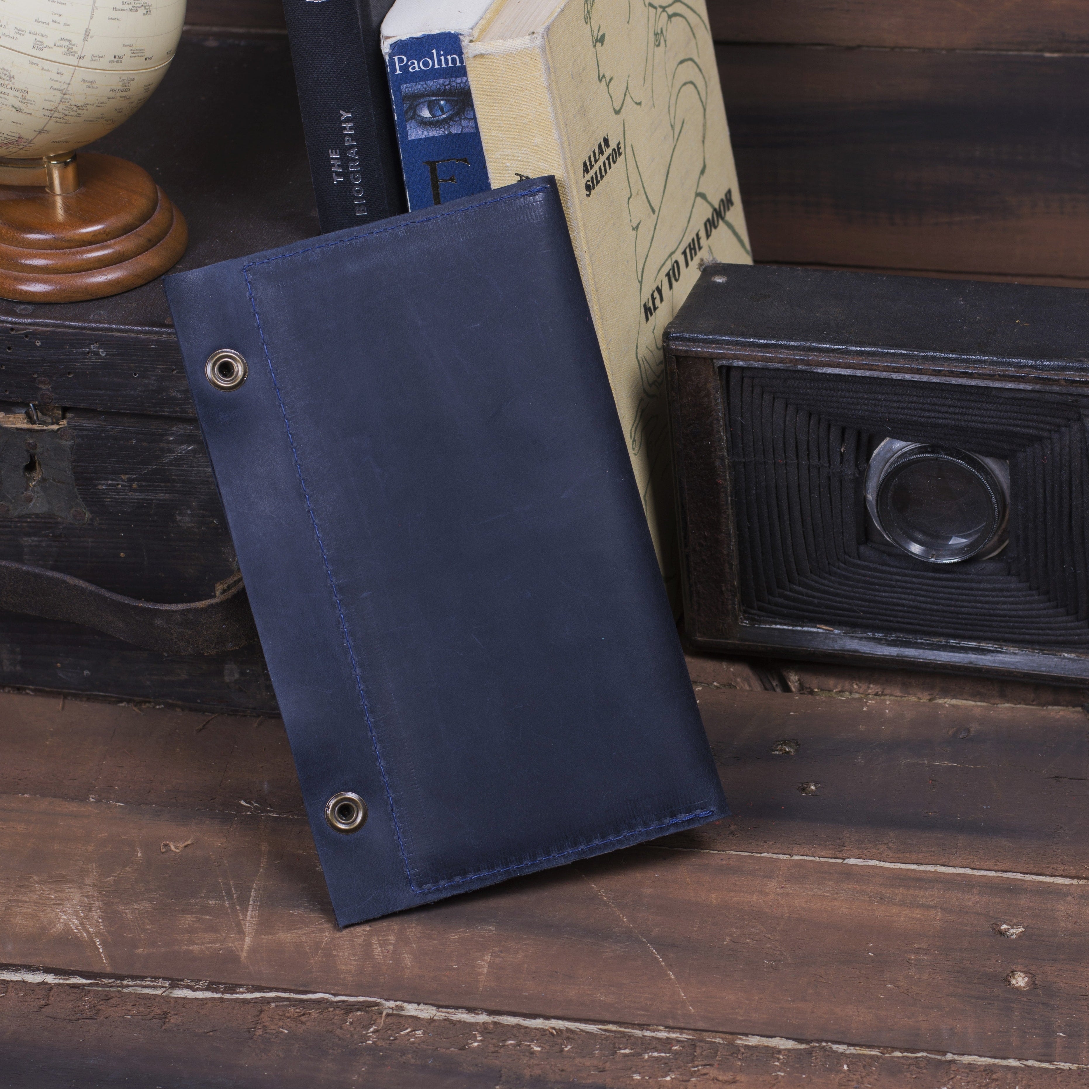 Кожаный кошелек для наличных и документов, синий (винтажный)