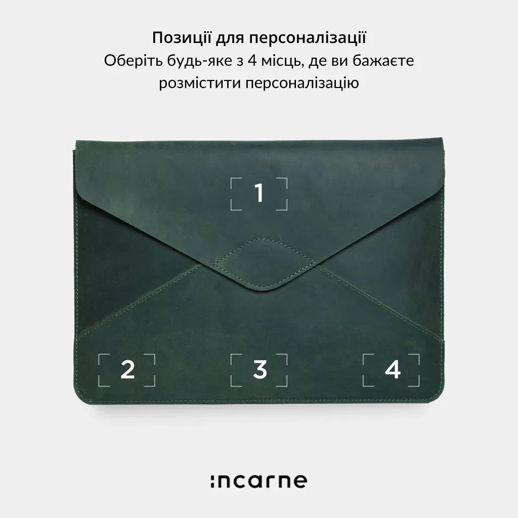 Зелений шкіряний чохол Message для ноутбука в інтерʼєрі, стильний подарунок і захист MacBook від подряпин