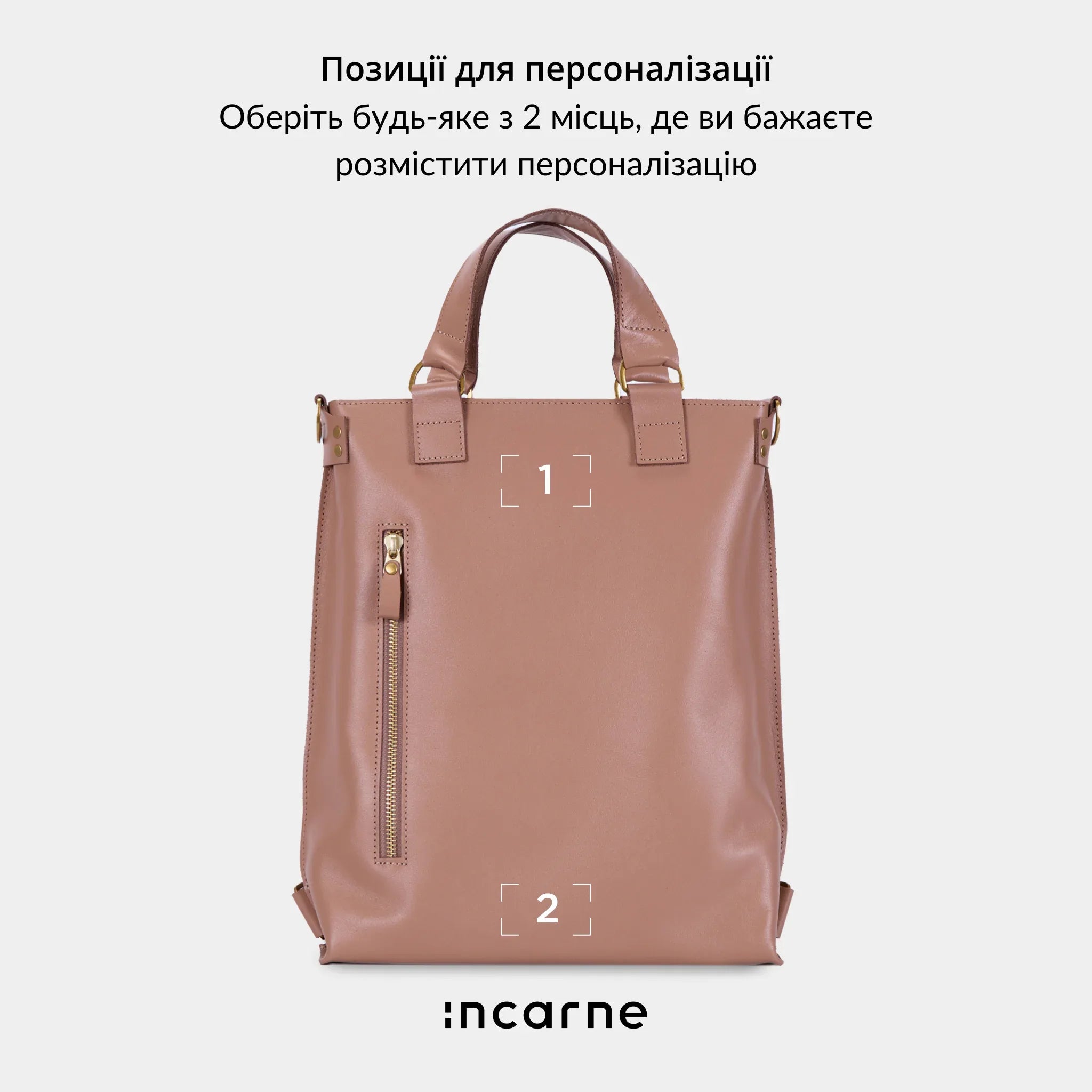 Порівняння розмірів сумки-рюкзака Optimus S і M у кольорі мокка з логотипом INCARNE