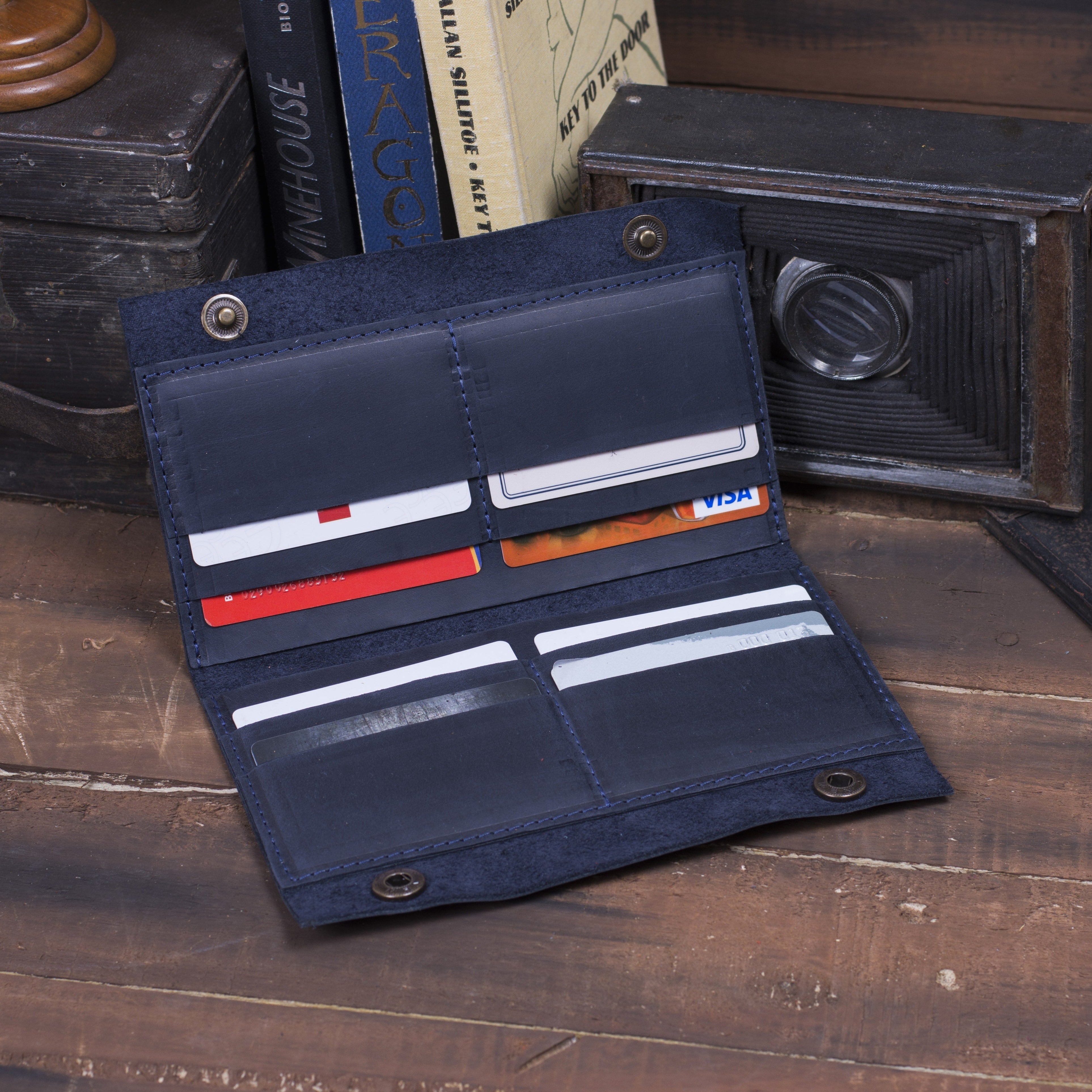 Шкіряний гаманець для готівки та документів, синій (вінтажний)