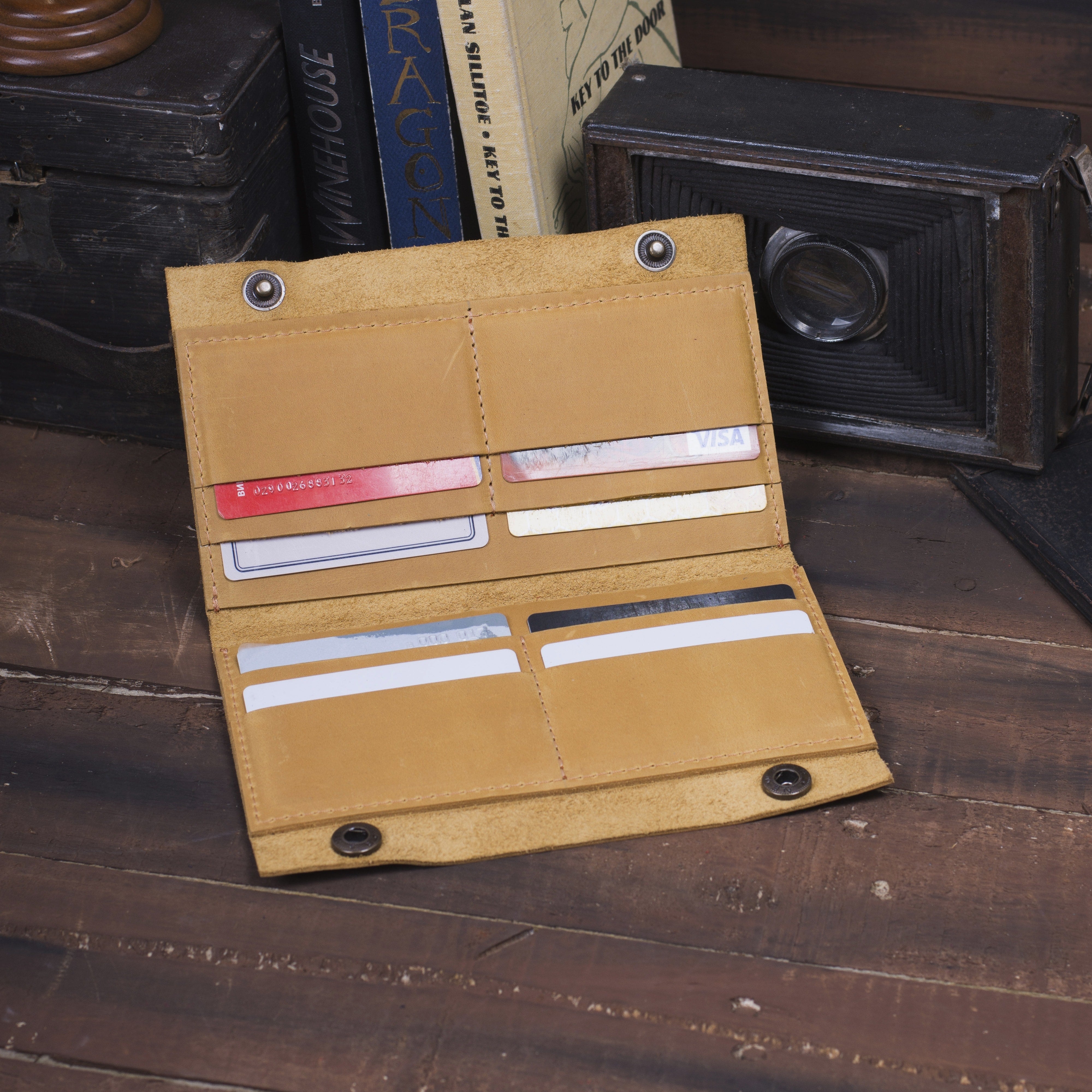 Кожаный кошелек для наличных и документов, желтый (винтажный)